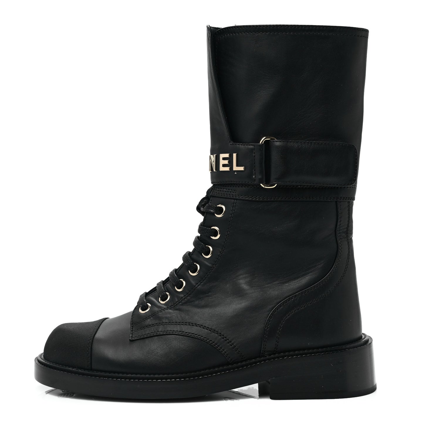 Shiny Calfskin Grosgrain Lace Up Combat Boots 36.5 Black