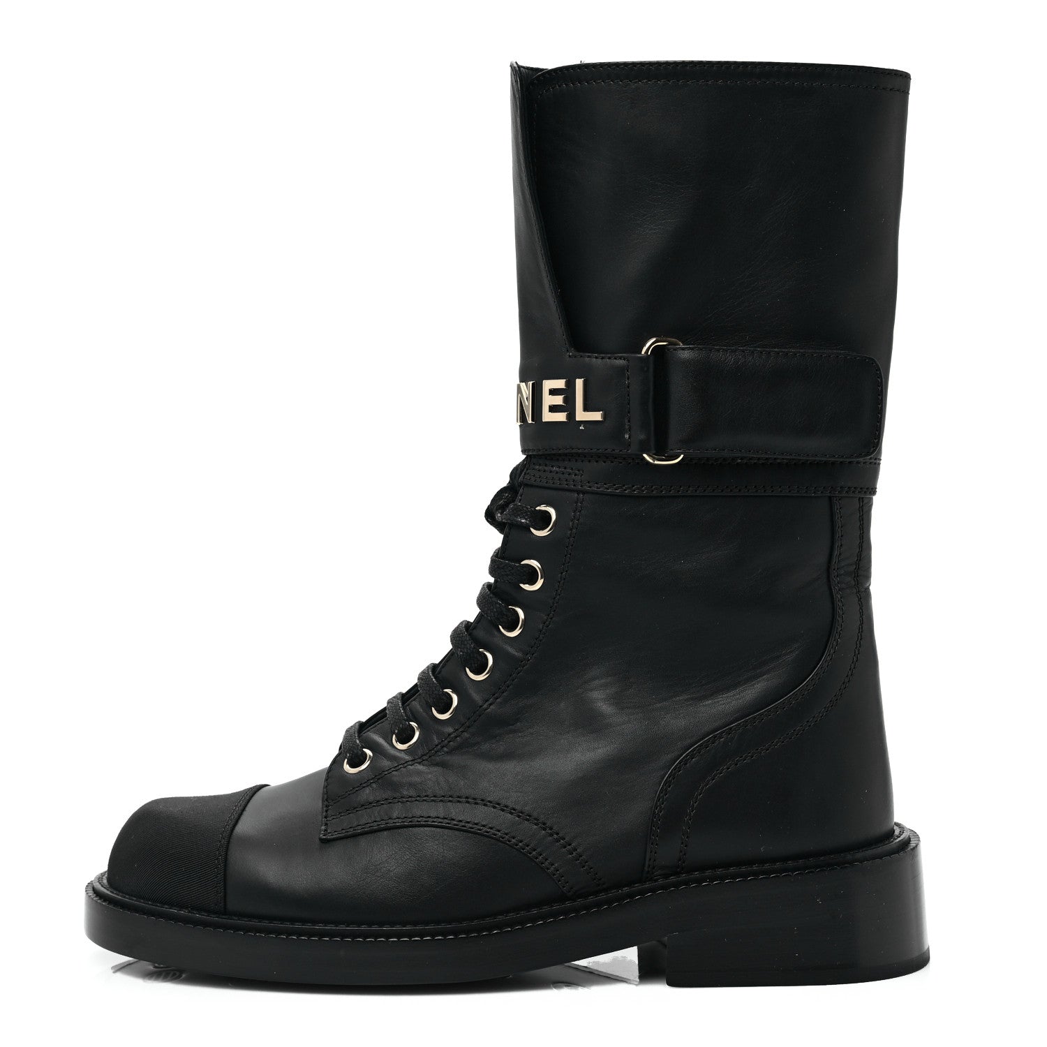 Chanel Shiny Calfskin Grosgrain Lace Up Combat Boots 36.5 Black 1 of 6