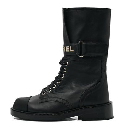 Chanel Shiny Calfskin Grosgrain Lace Up Combat Boots 36.5 Black 1 of 6