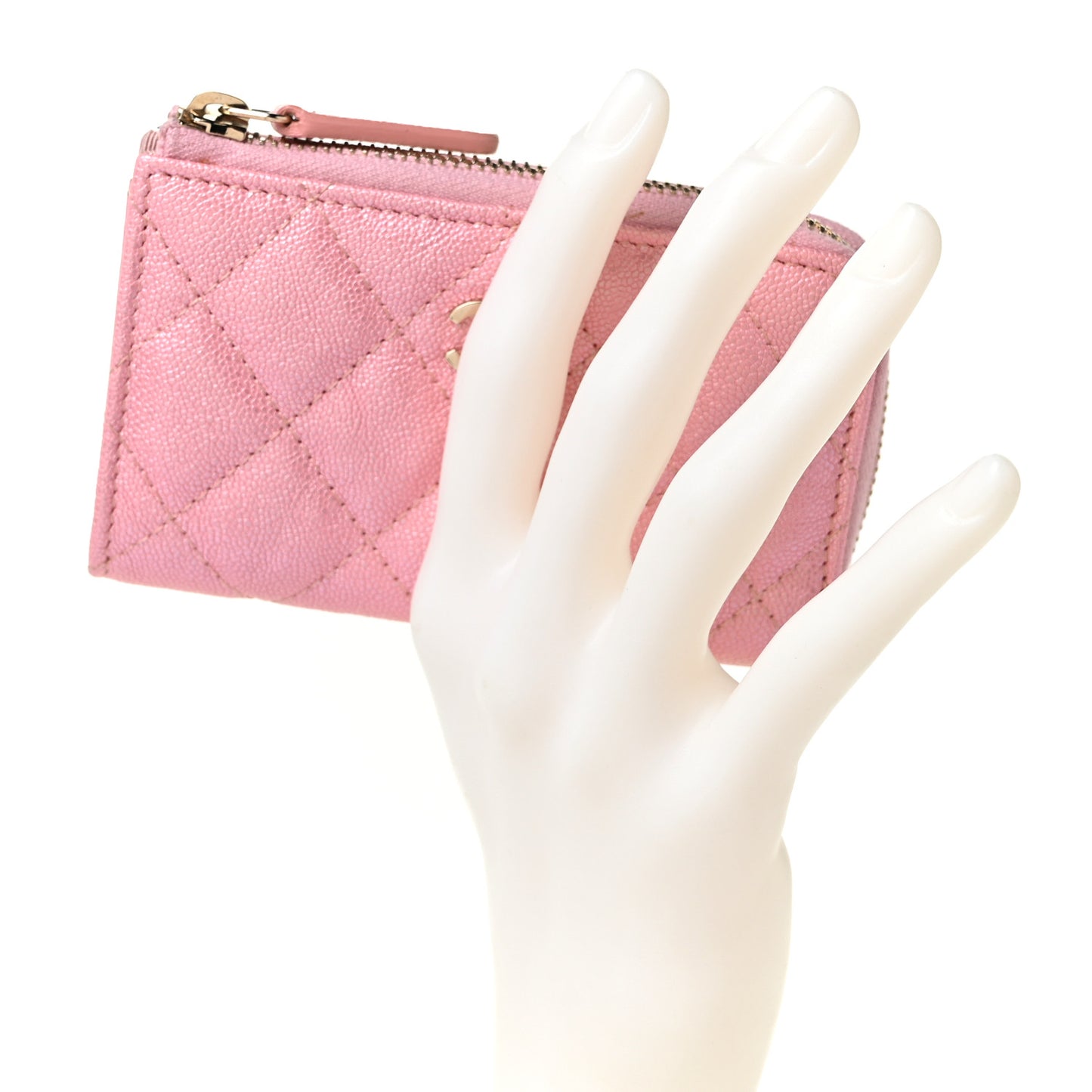 Iridescent Caviar Quilted Zipped Key Holder Case Rose Pink