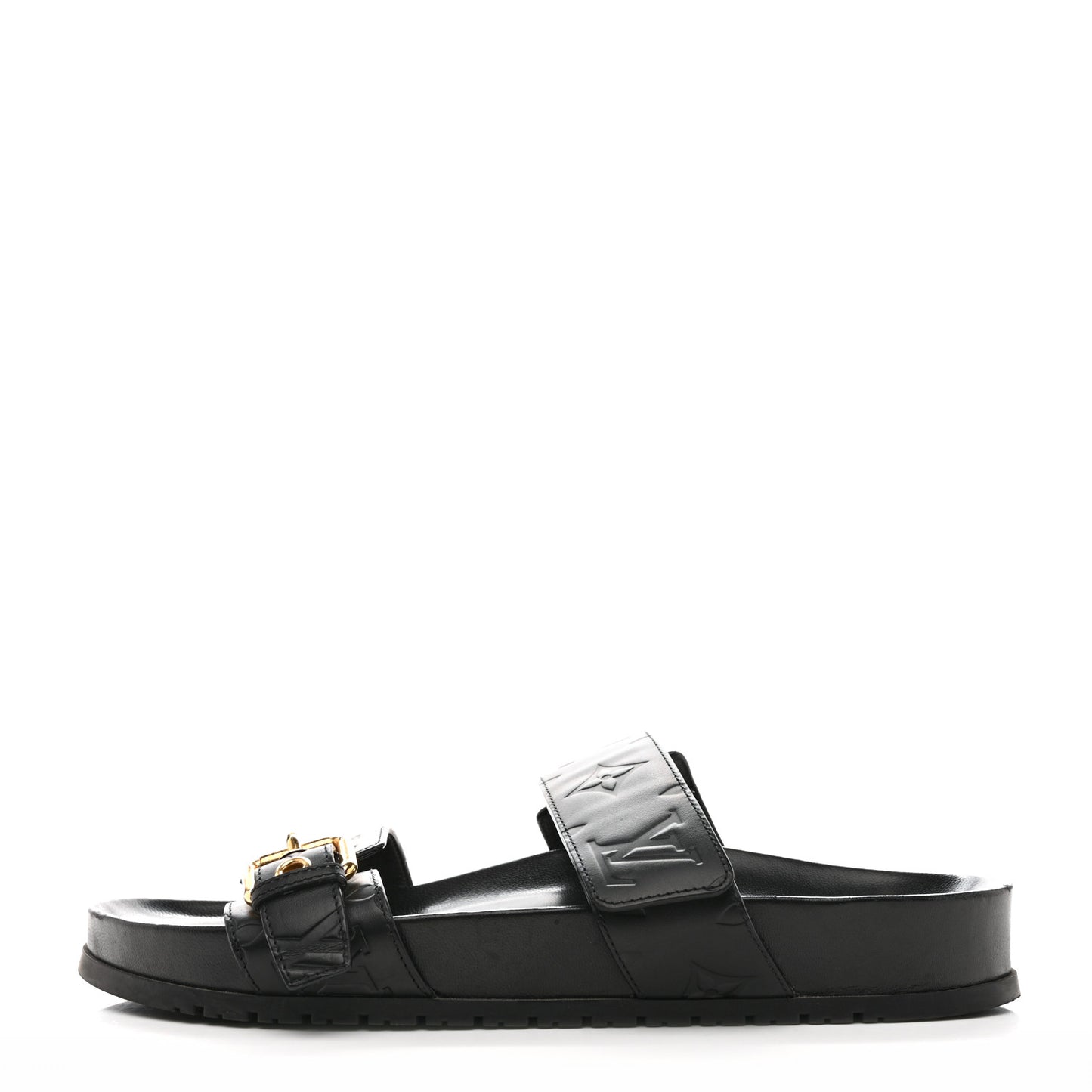Lambskin Embossed Monogram Bom Dia Flat Mule Sandals 38 Black