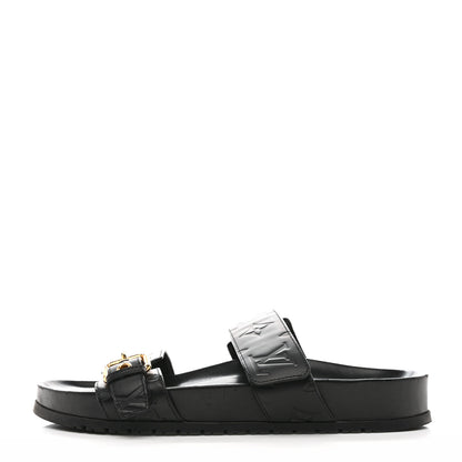 Louis Vuitton Lambskin Embossed Monogram Bom Dia Flat Mule Sandals 38 Black 1 of 11