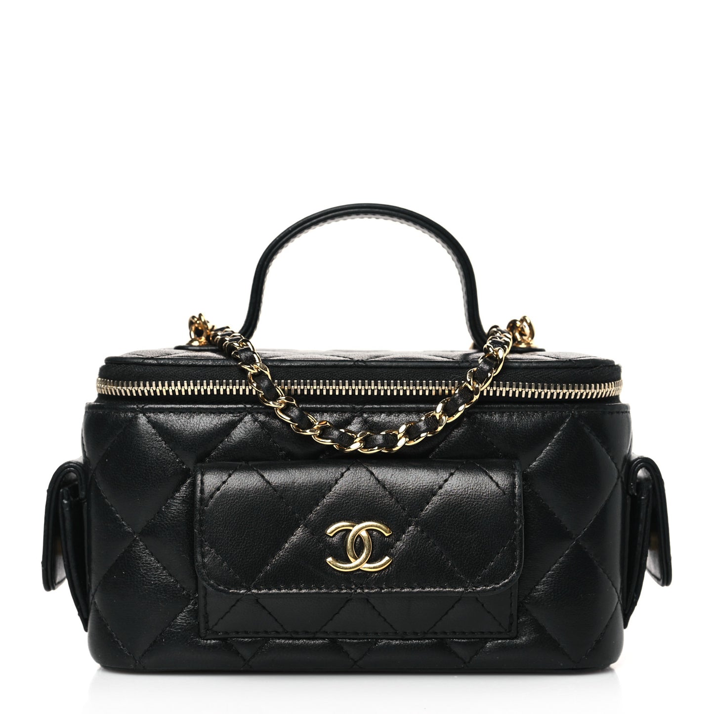 Lambskin Quilted Polly Pocket East West Top Vanity With Chain Black