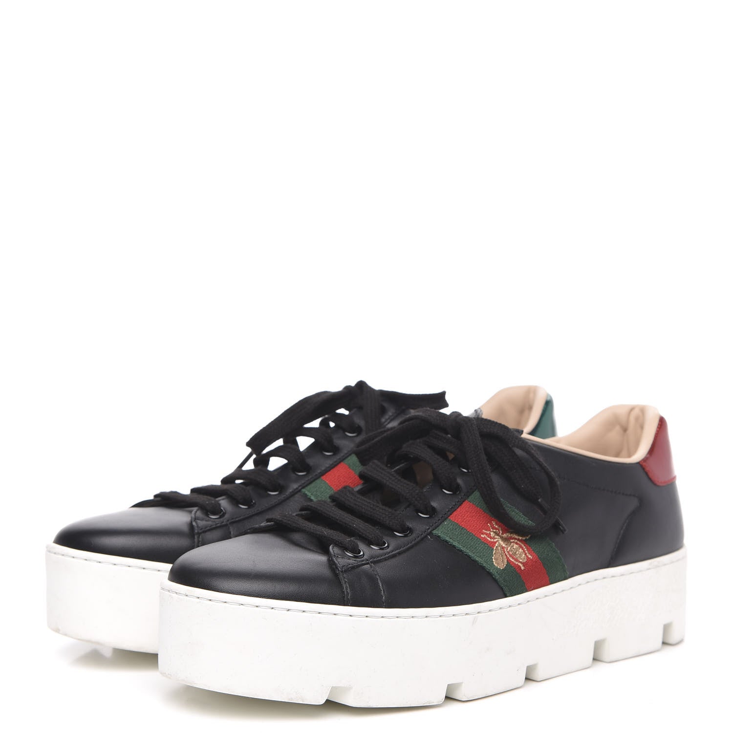 Gucci Calfskin Web Bee Embroidered Womens Ace Platform Sneakers 40.5 Black 3 of 10