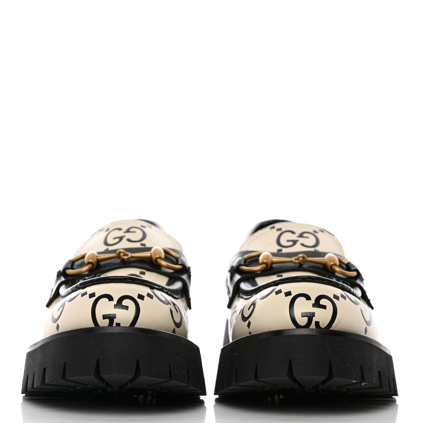 Azalea Calfskin GG Monogram Bi-Color Debossed Womens Harald Horsebit 25mm Platform Loafers 38.5 Mystic White Black