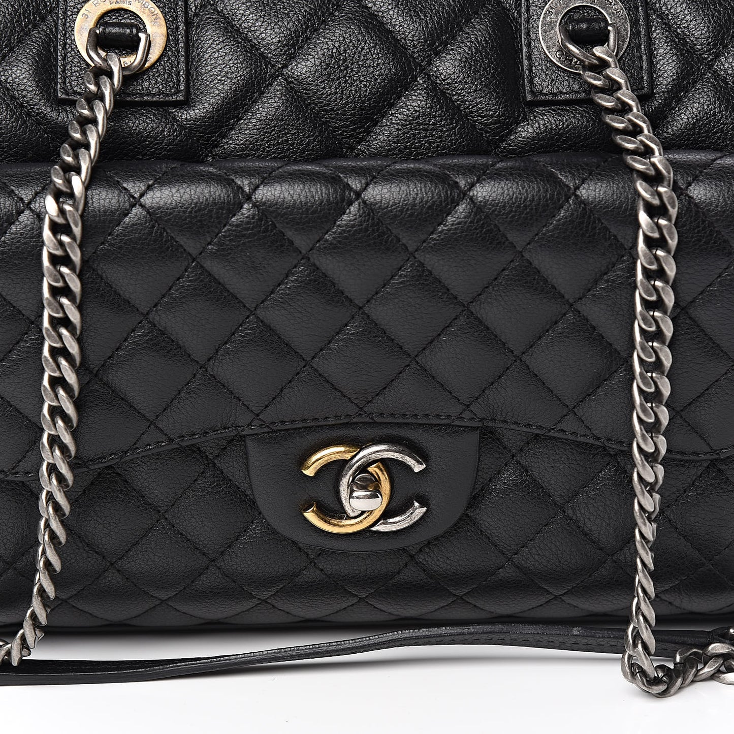 Grained Calfskin Quilted Large Casual Pocket Bowling Bag Black