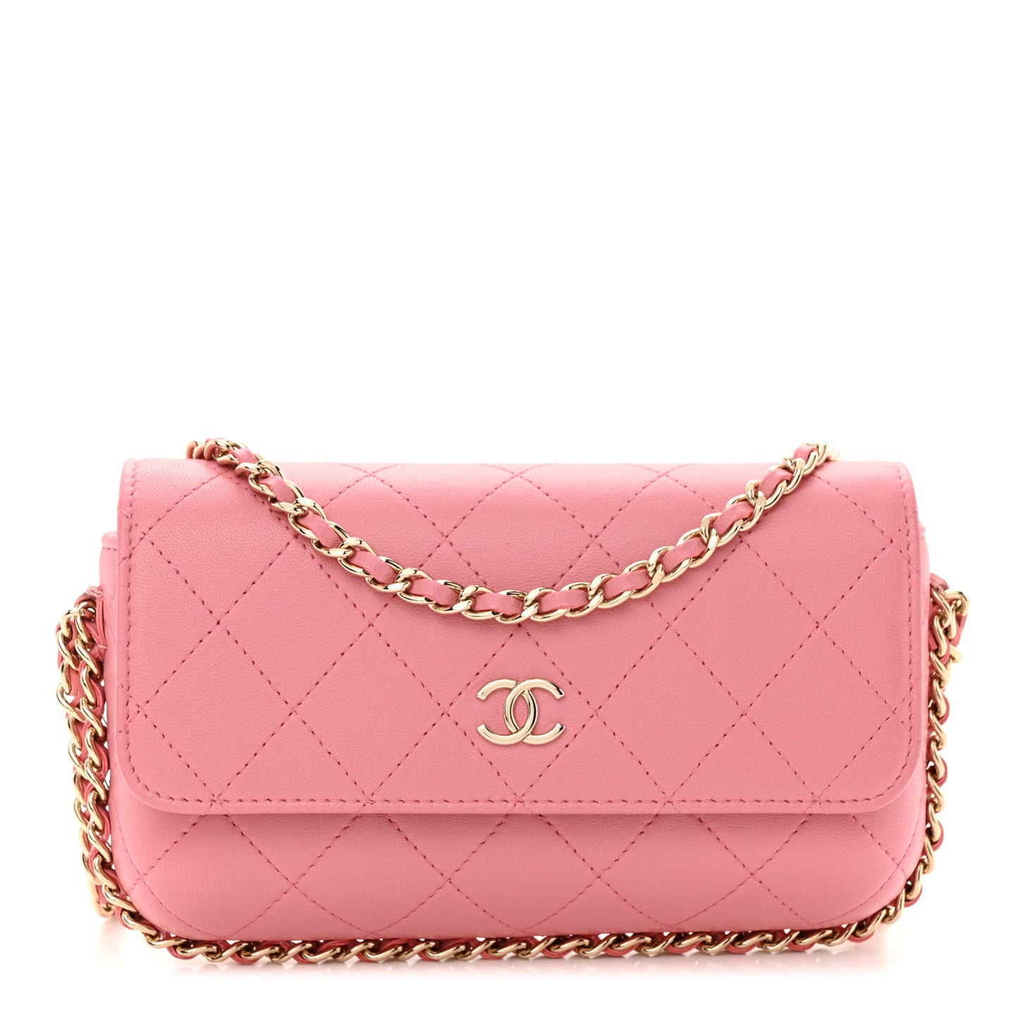 Calfskin Diamond Stitched Chain Around Flap Phone Holder Dark Pink