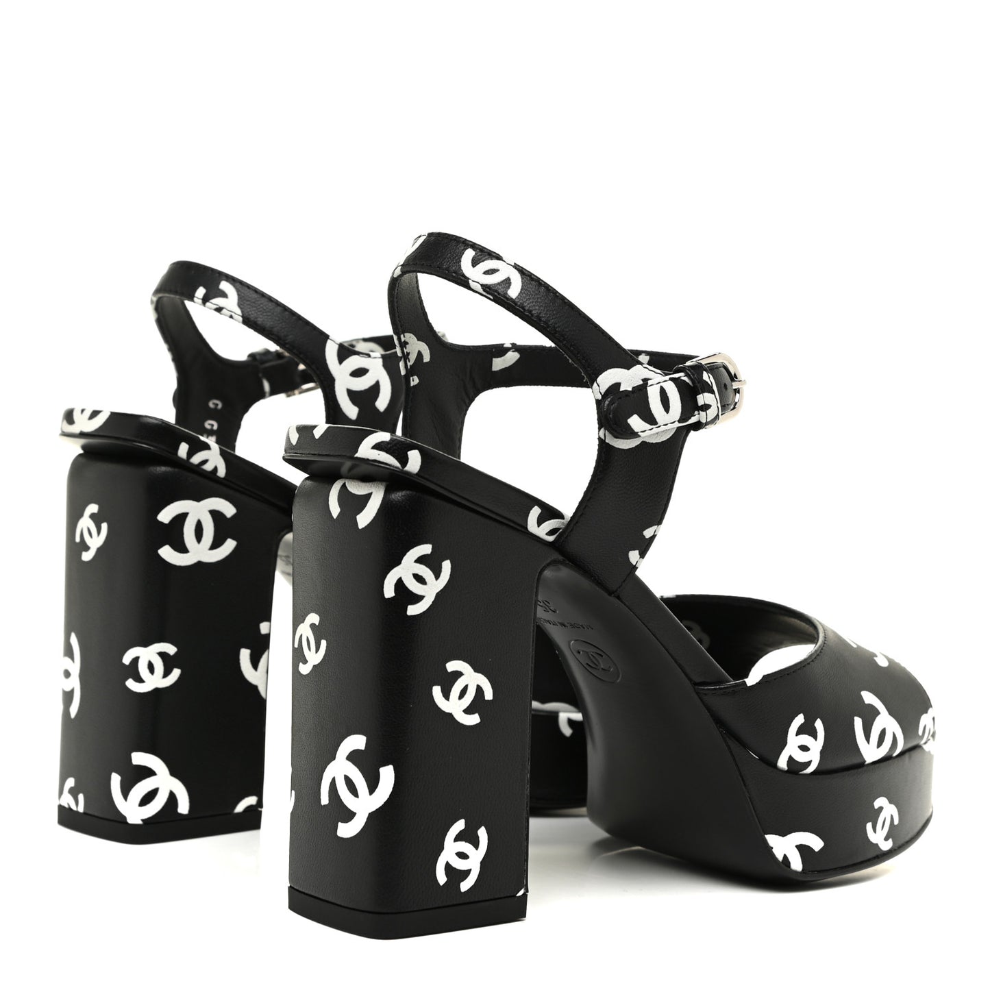 Printed Lambskin CC Platform Sandals 35 Black White
