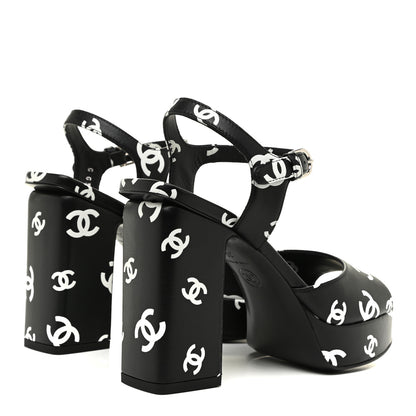 Chanel Printed Lambskin CC Platform Sandals 35 Black White 4 of 9