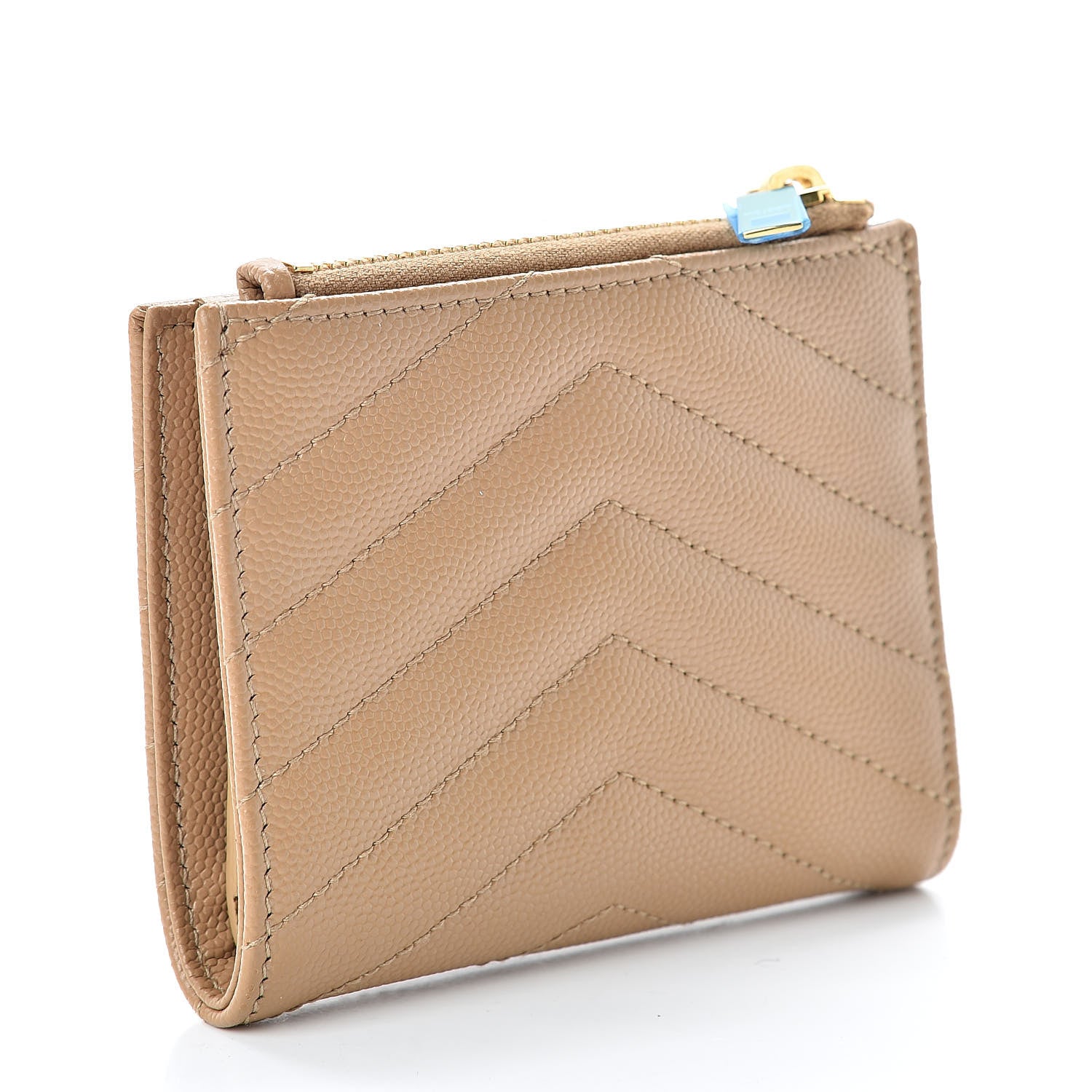 Saint Laurent Grain De Poudre Matelasse Chevron Monogram Zipped Card Case Deep Beige 3 of 8