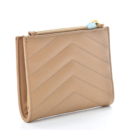 Saint Laurent Grain De Poudre Matelasse Chevron Monogram Zipped Card Case Deep Beige 3 of 8