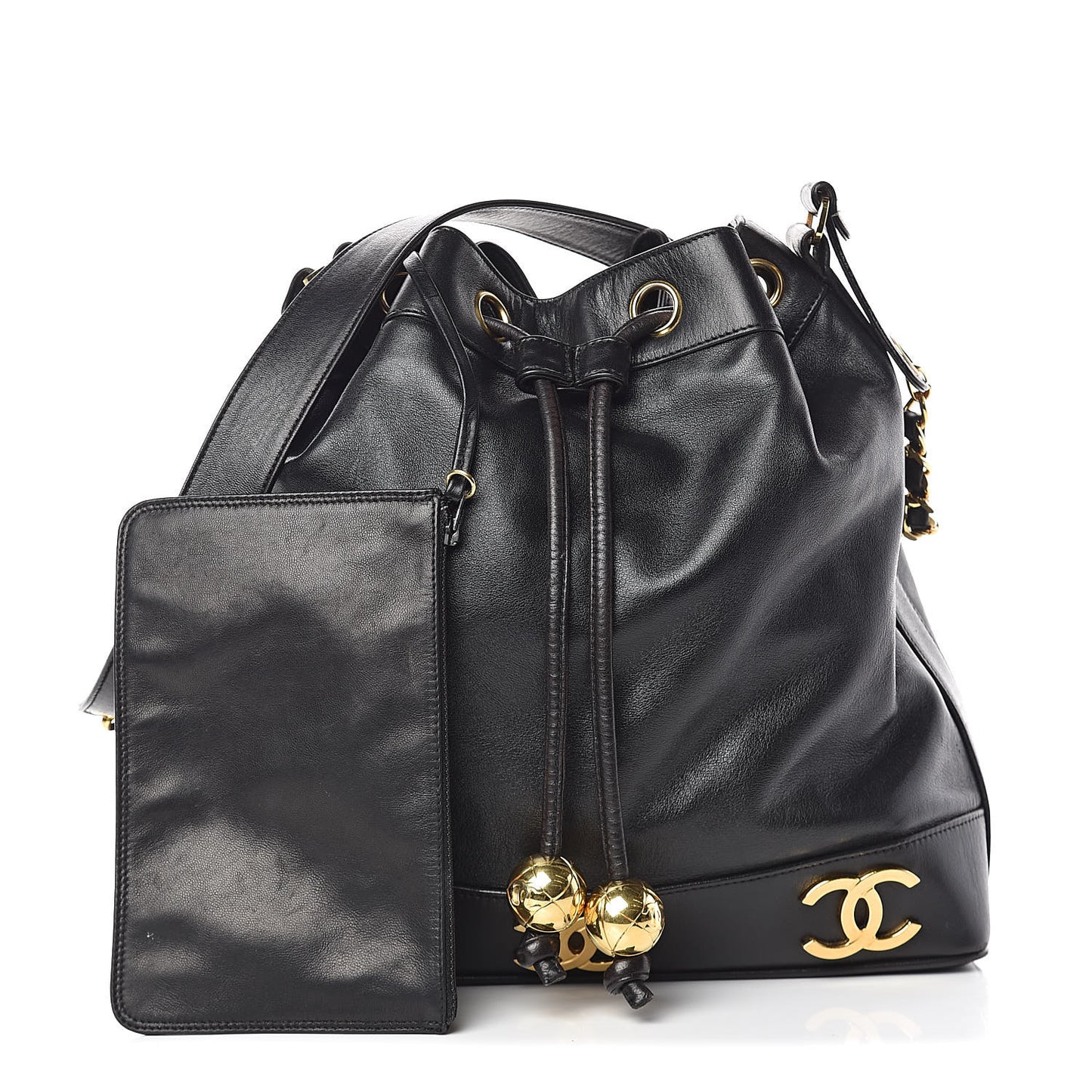 Lambskin CC Drawstring Shoulder Bag Black
