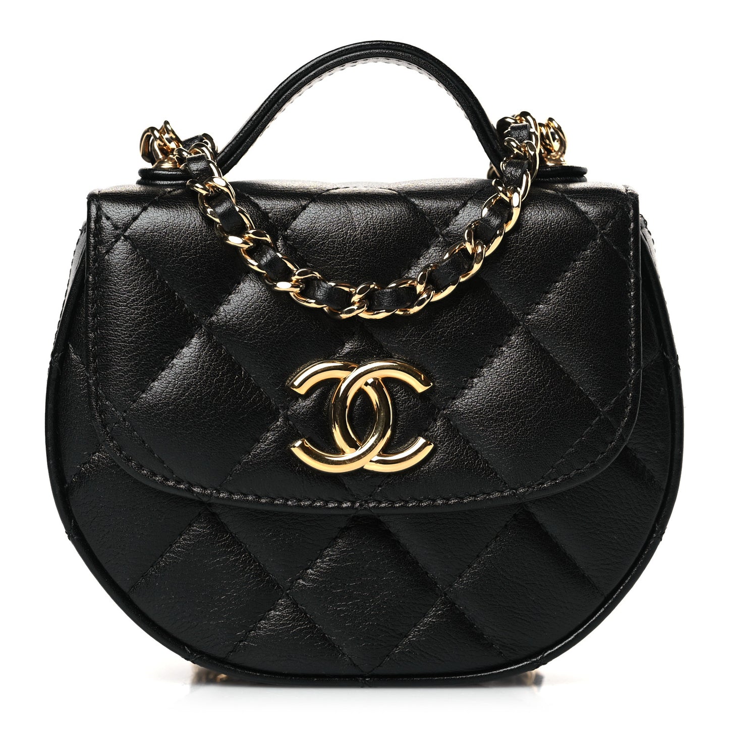Shiny Aged Calfskin Quilted Mini Top Handle Clutch With Chain Black