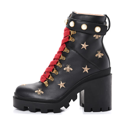 Gucci Calfskin Bee Star Embroidered Lace Up Combat Ankle Boots 37 Black 1 of 8