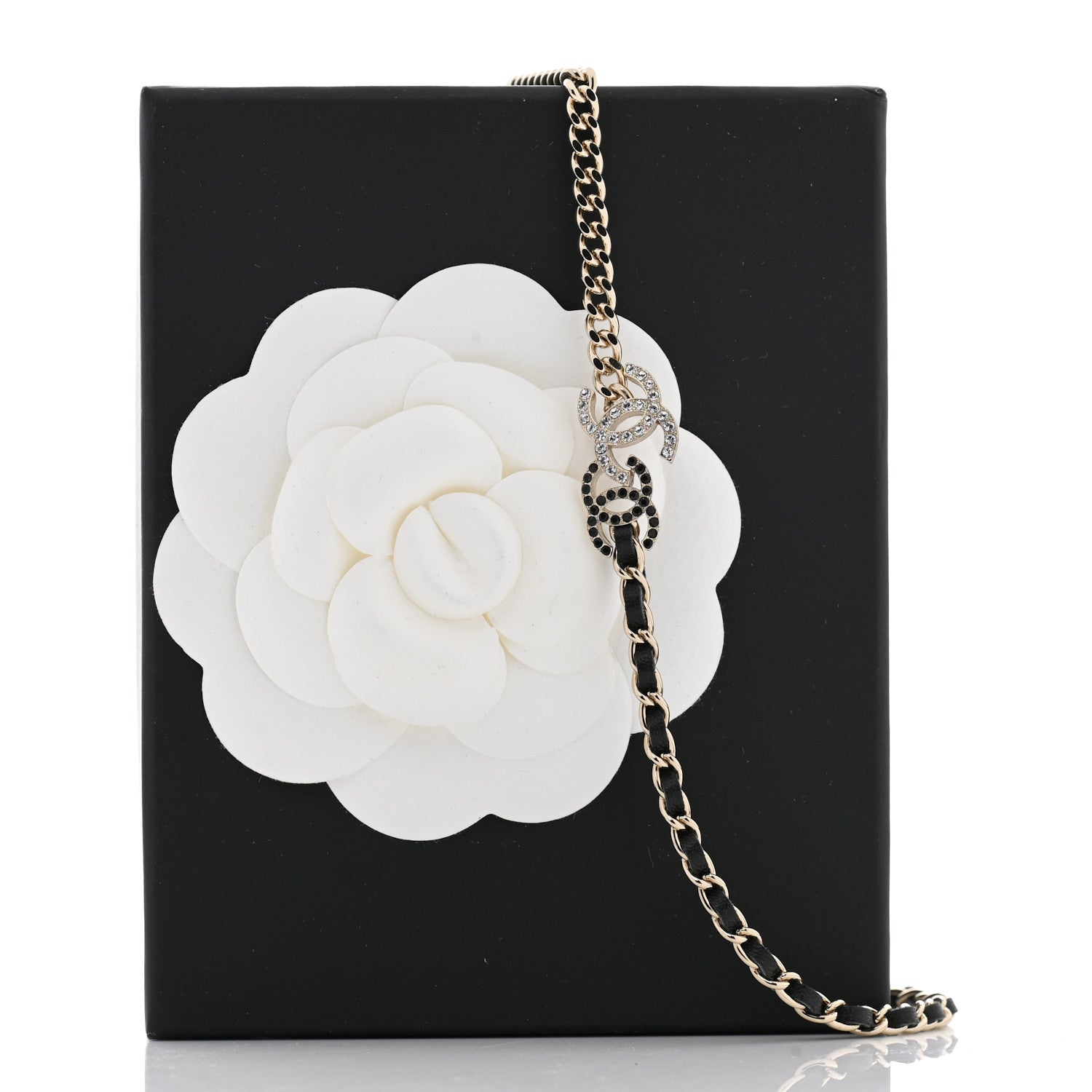 Chanel Metal Calfskin Crystal Double CC Short Necklace Black Gold 6 of 6