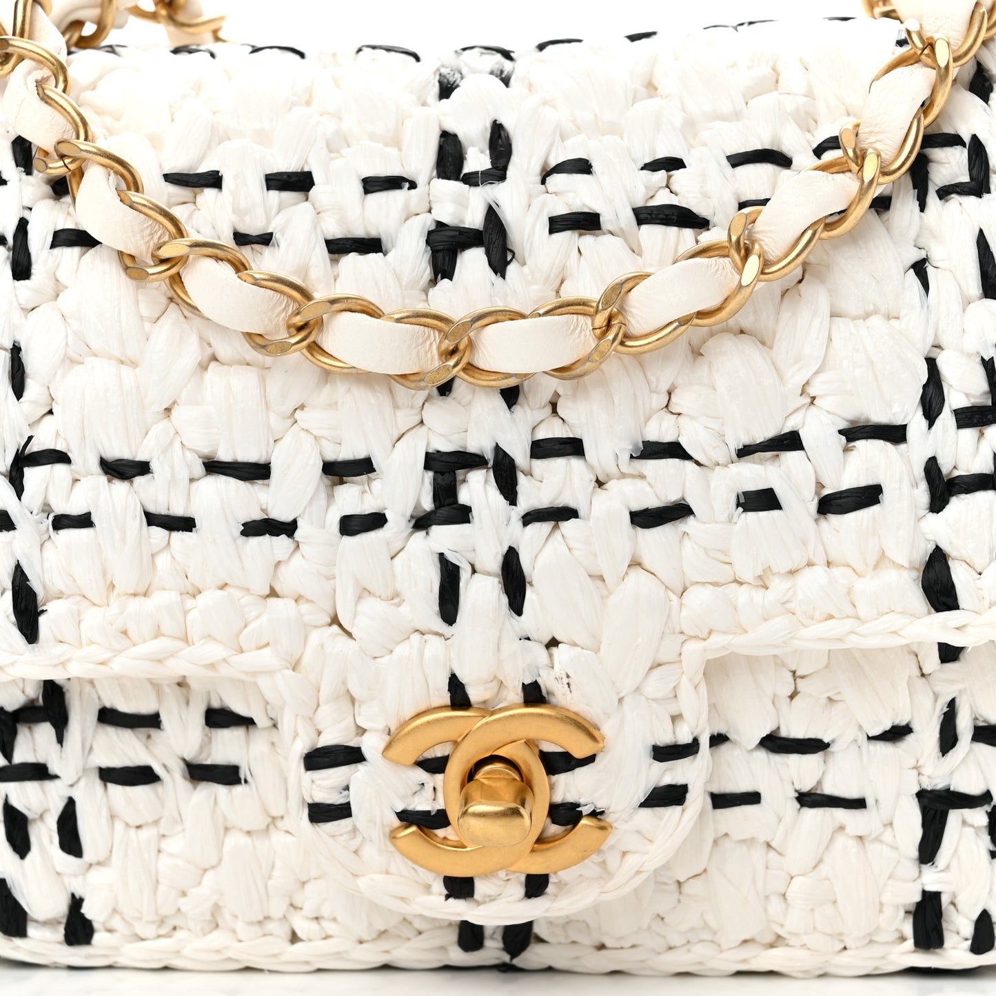 Raffia Effect Tweedy Mini Flap Bag White Black