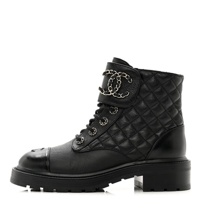 Chanel Shiny Calfskin Quilted Lace Up Combat Boots 38 Black 1 of 9