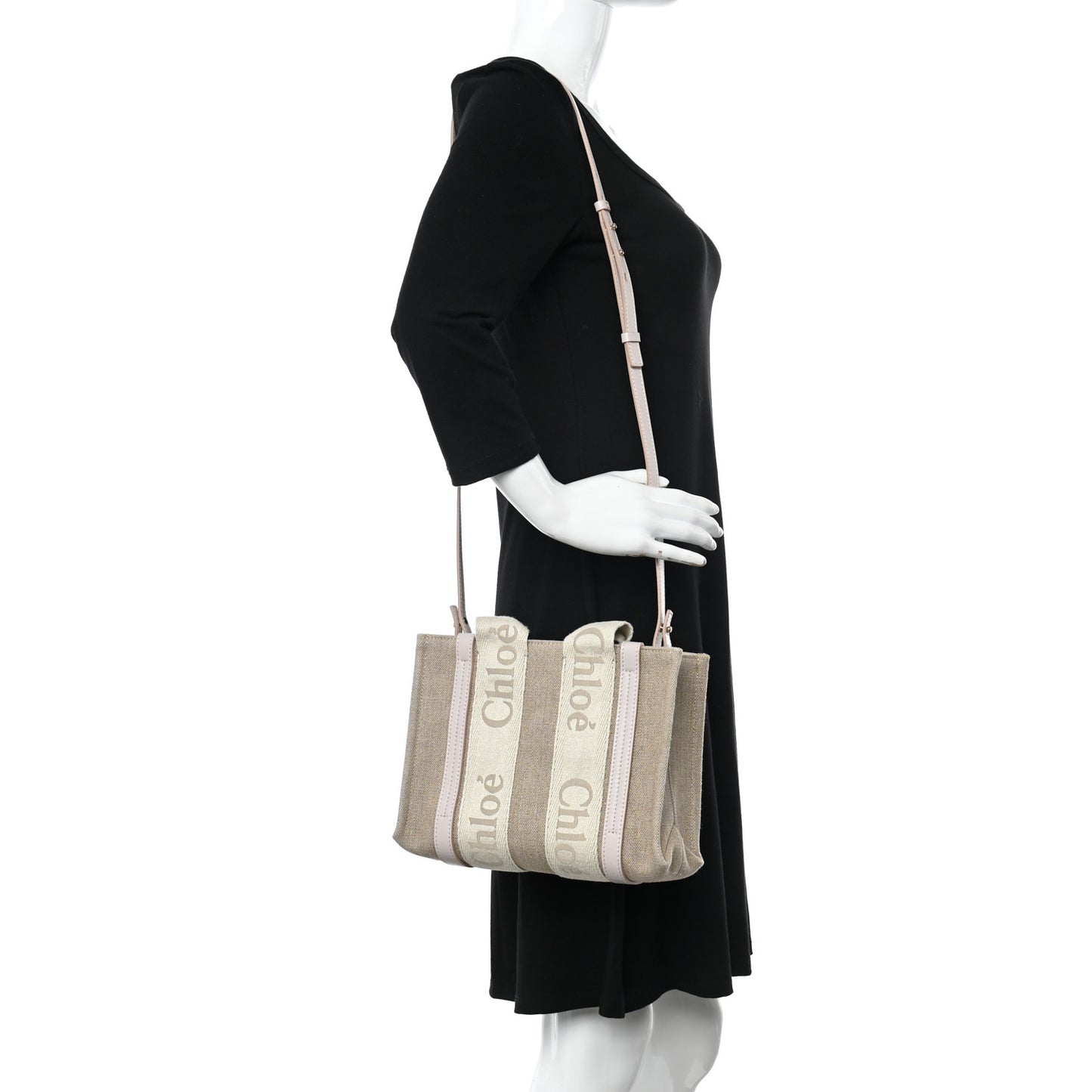 Cotton Calfskin Small Woody Ribbon Tote With Strap Cement Pink