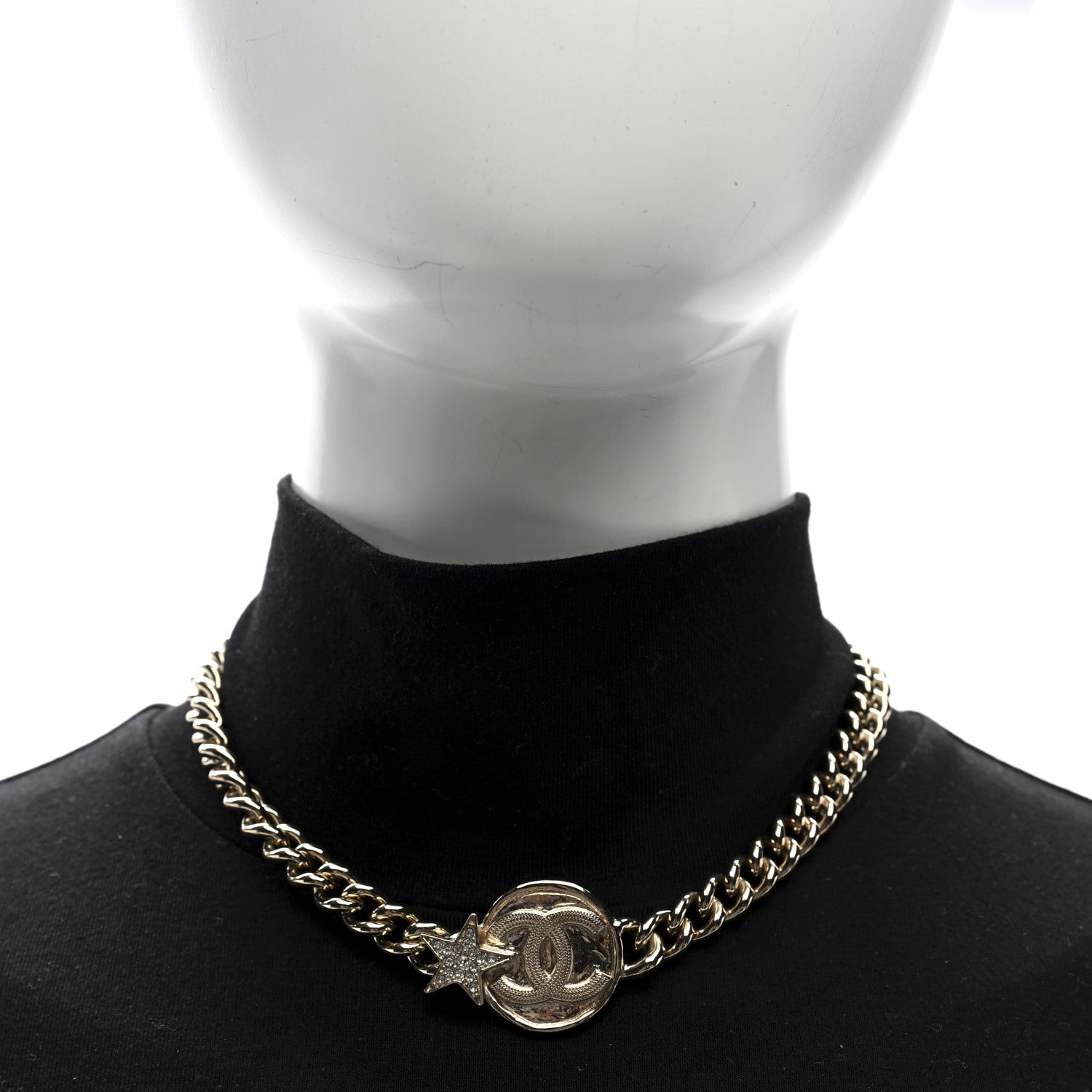 Chanel Metal Crystal Textured CC Star Chain Choker Necklace Gold 2 of 4