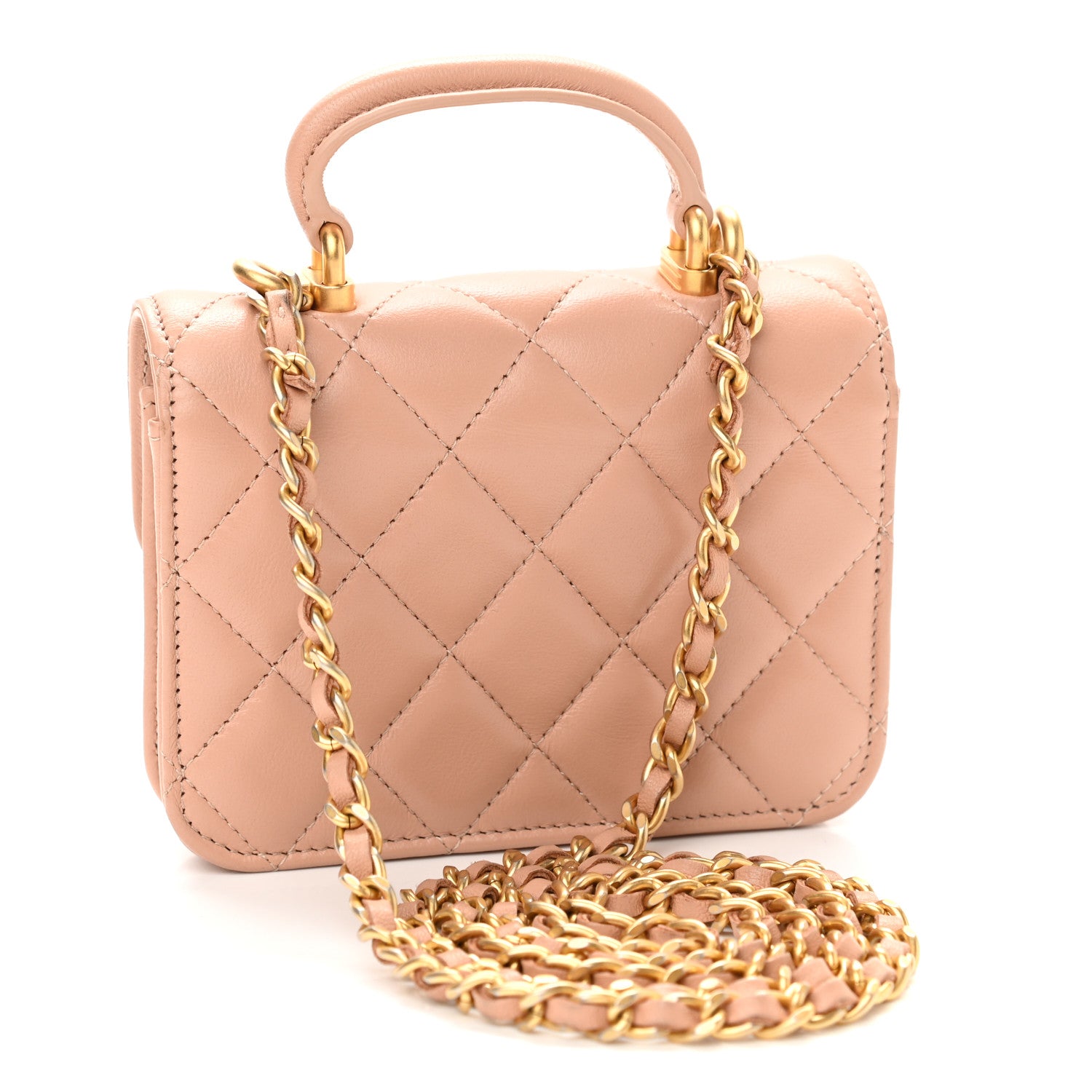 Chanel Lambskin Quilted Top Handle Flap Coin Purse With Chain Beige 4 of 13