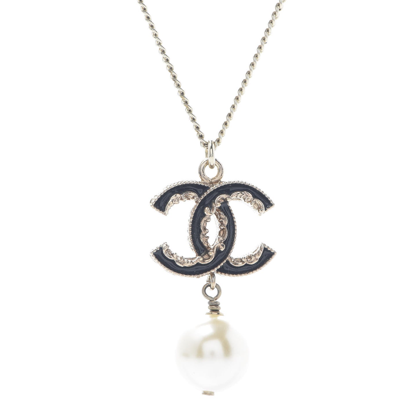 Enamel CC Baroque Pearl Drop Necklace Black Gold