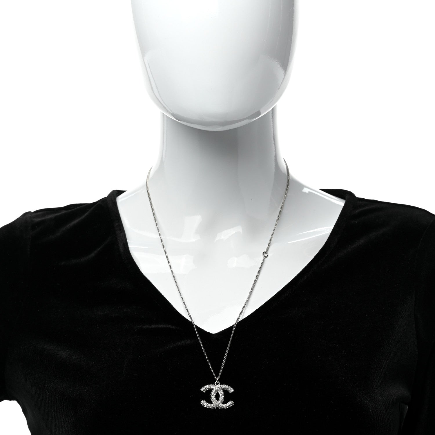 Chanel Crystal CC Pendant Necklace Silver 2 of 5