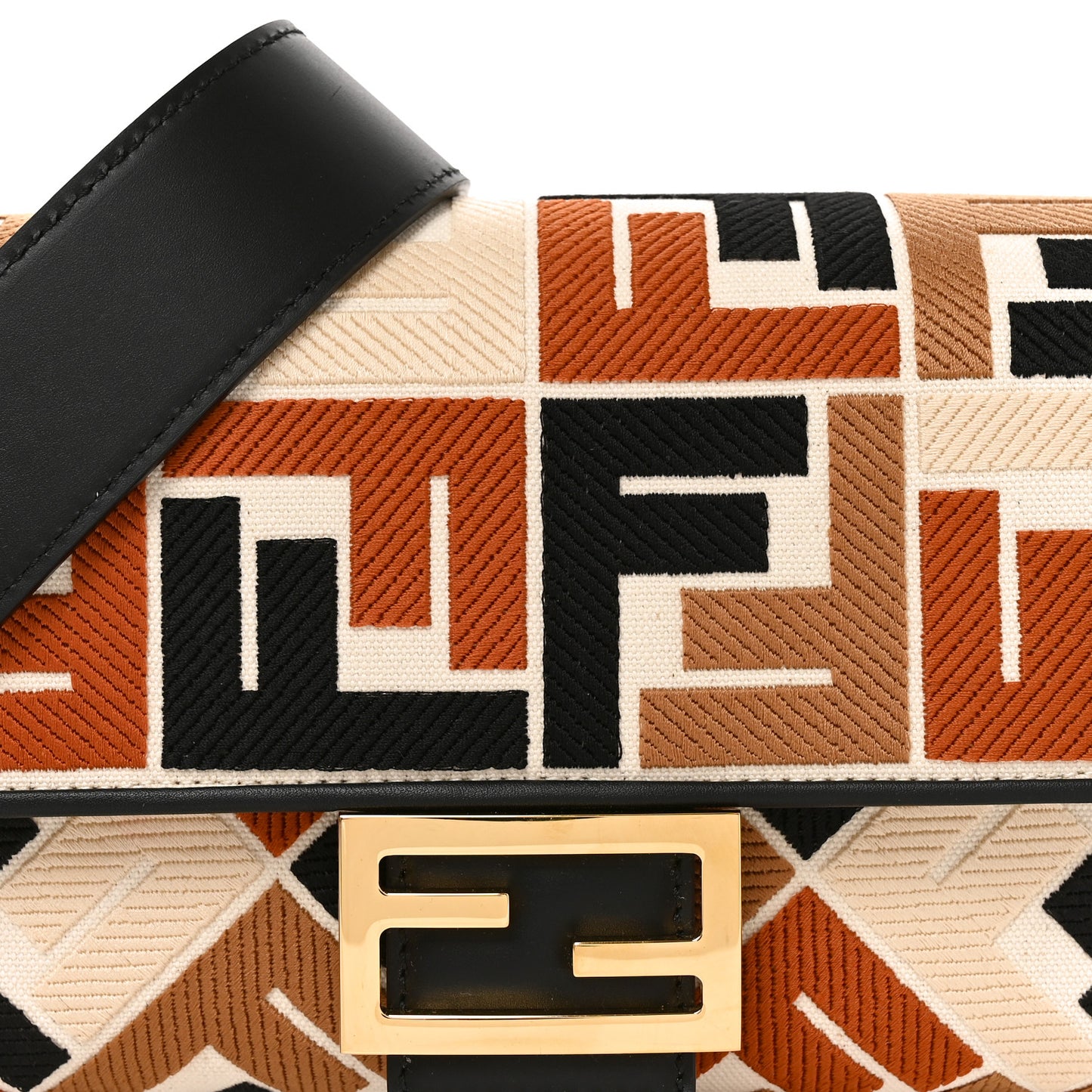 Canvas Vitello Seta FF Embroidered Baguette Brandy Black