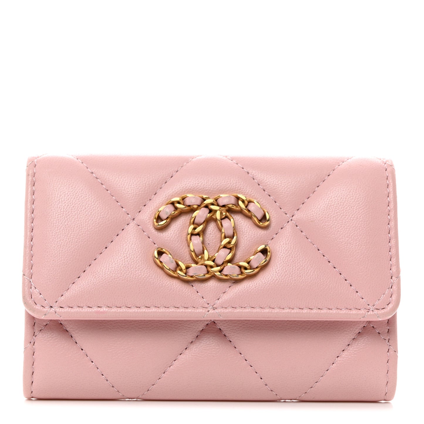 Lambskin Quilted Chanel 19 Flap Card Holder Light Pink