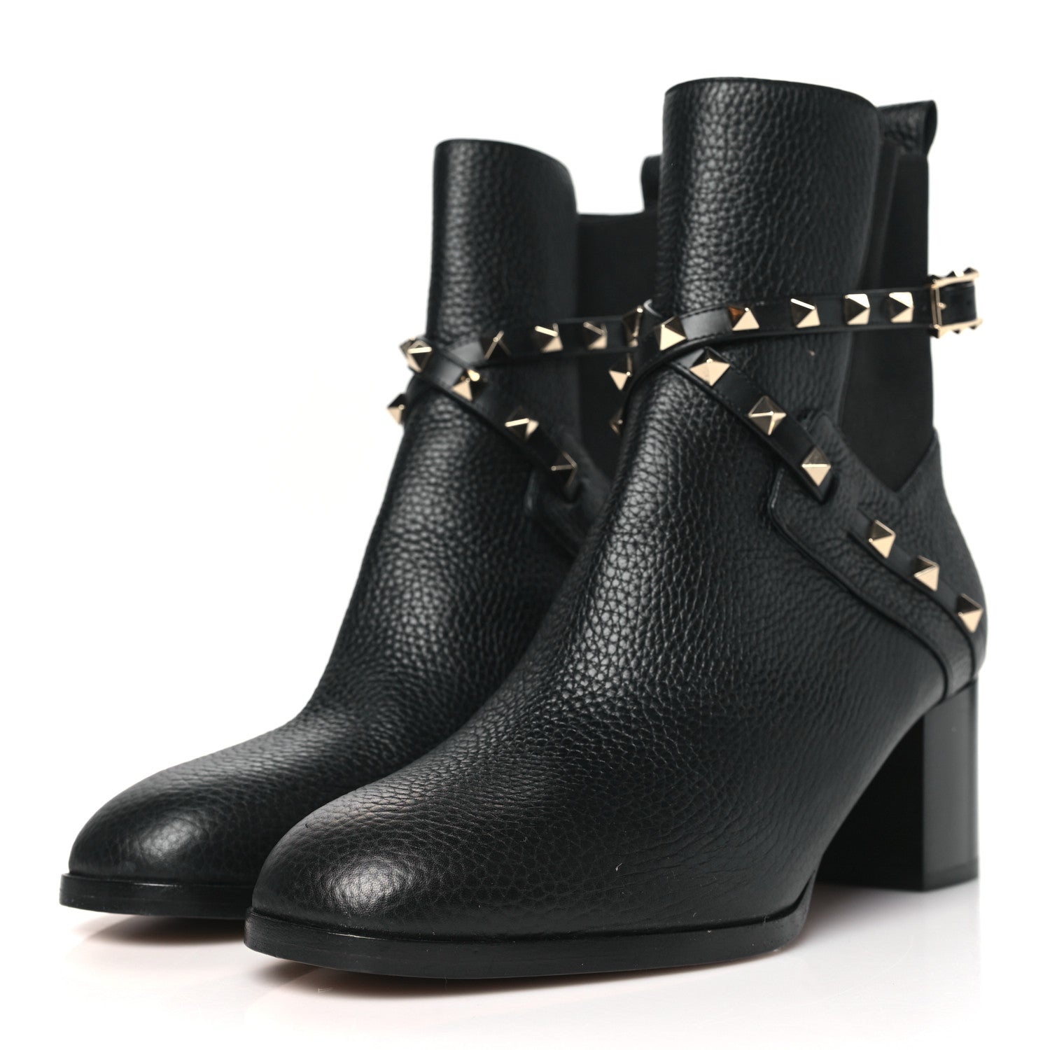 Valentino Garavani Pebbled Calfskin Rockstud Double Buckle 70mm Block Heel Ankle Boots 39.5 Black 3 of 8