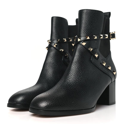 Valentino Garavani Pebbled Calfskin Rockstud Double Buckle 70mm Block Heel Ankle Boots 39.5 Black 3 of 8