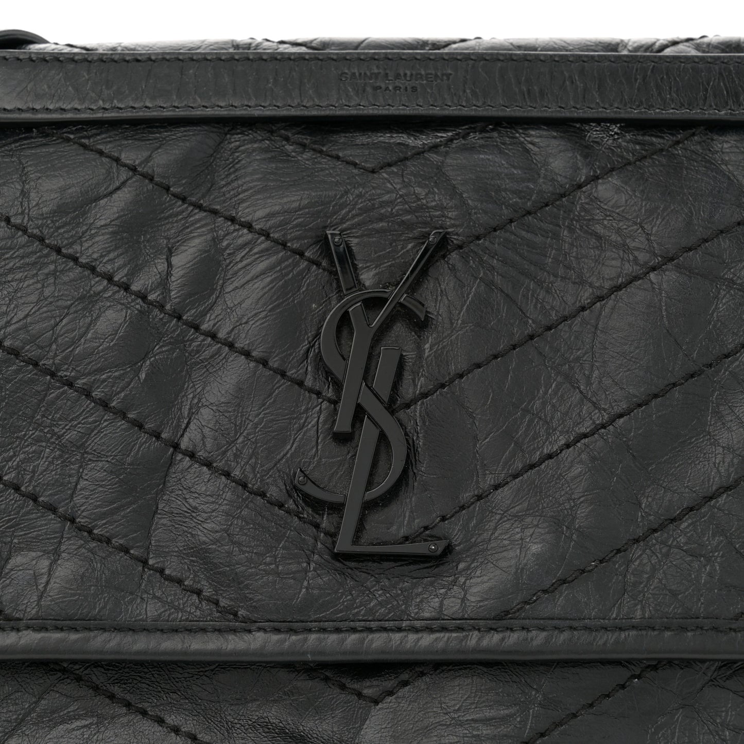 Crinkled Calfskin Matelasse Monogram Medium Niki Chain Satchel Black