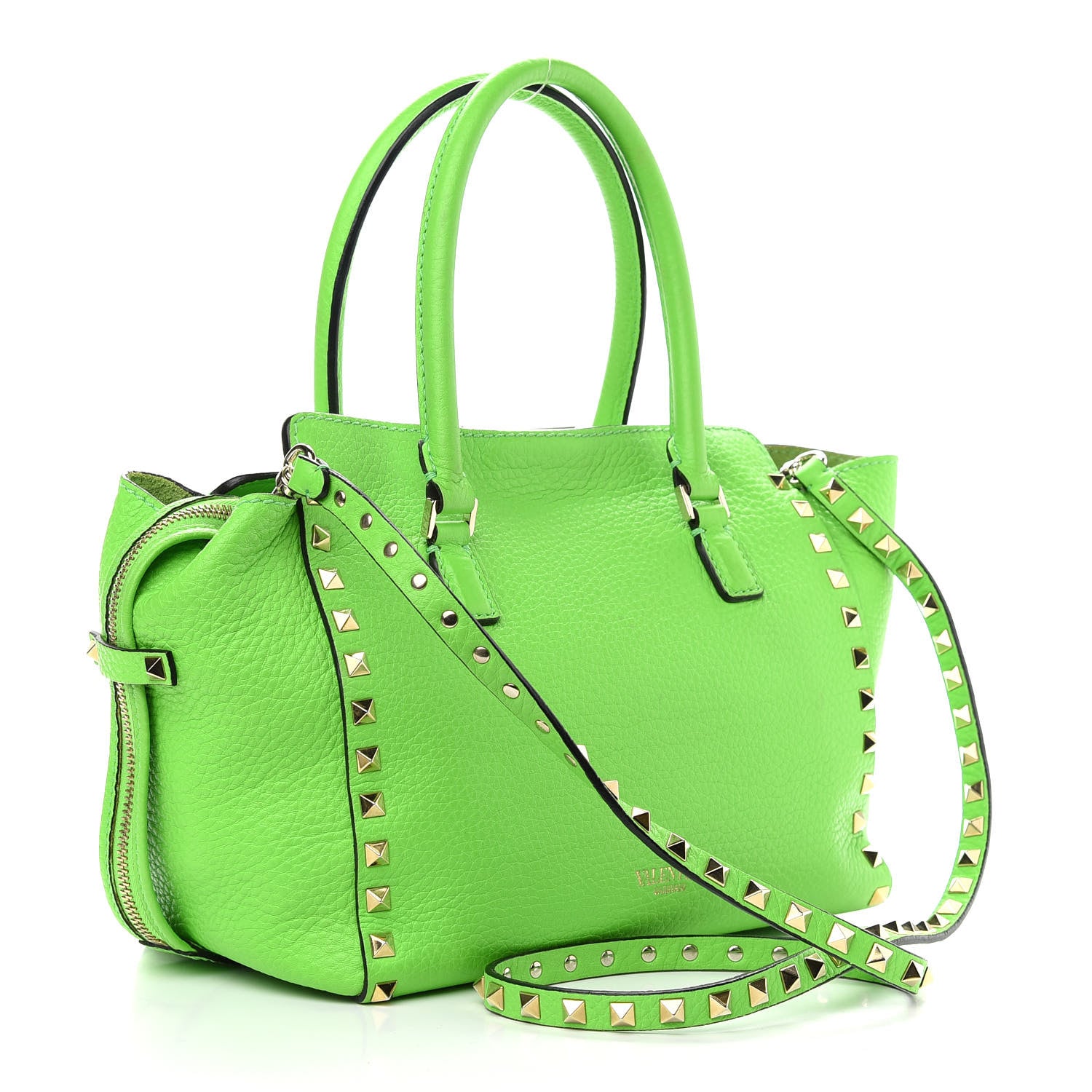 Valentino Garavani Pebbled Calfskin Small Rockstud Double Handle Tote Green Fluo 3 of 10