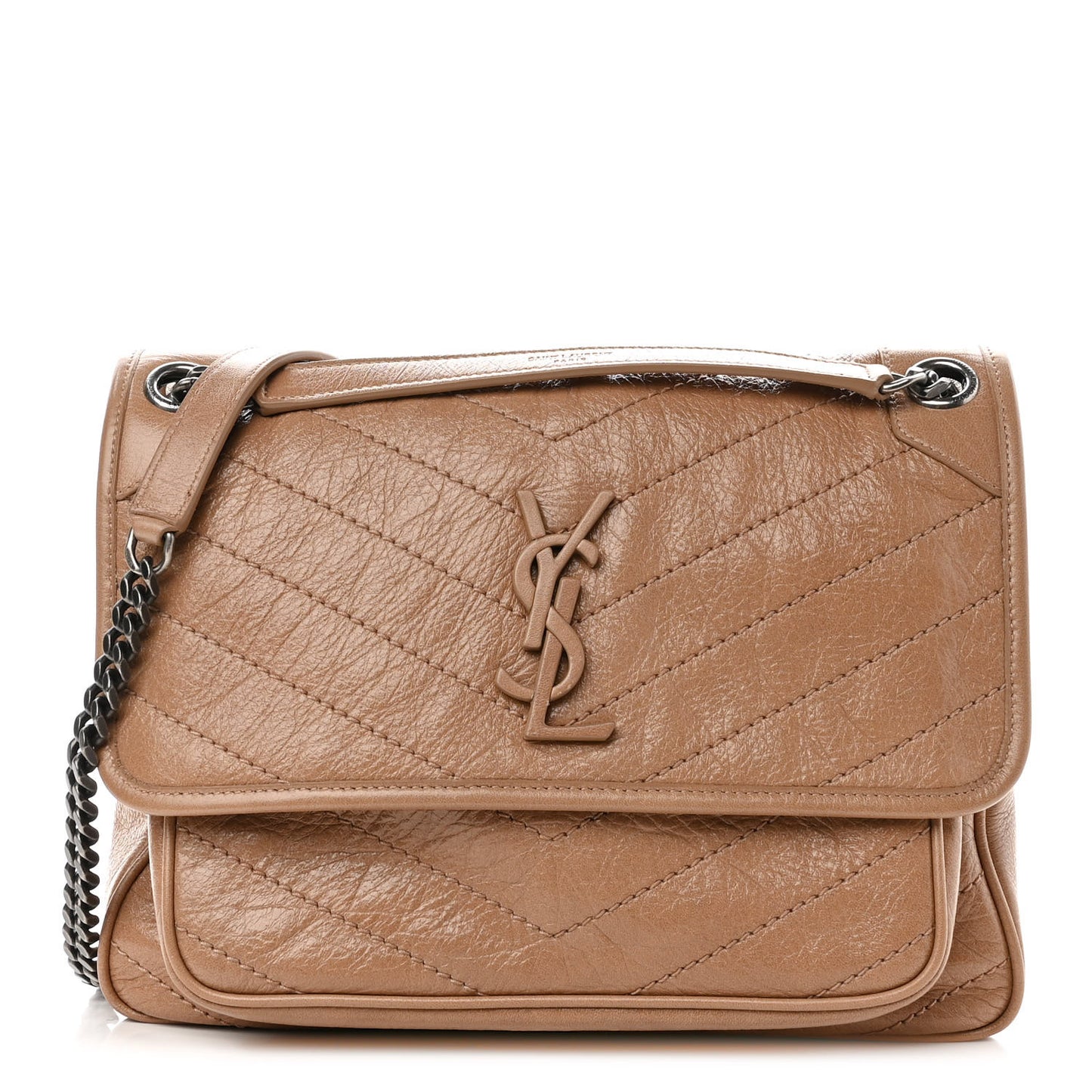 Crinkled Calfskin Matelasse Monogram Medium Niki Chain Satchel Dark Toffee
