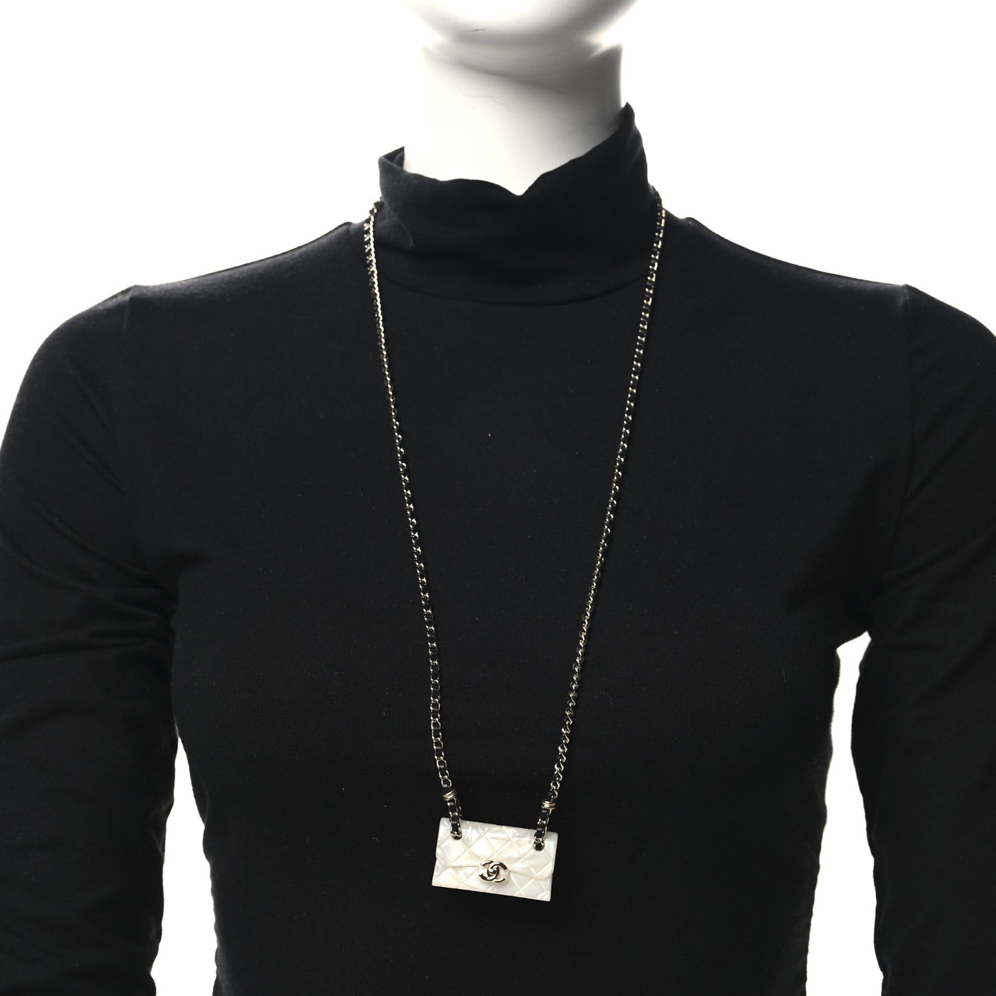 Lambskin Metal Resin Quilted Flap Bag Necklace Gold Black Pearly White
