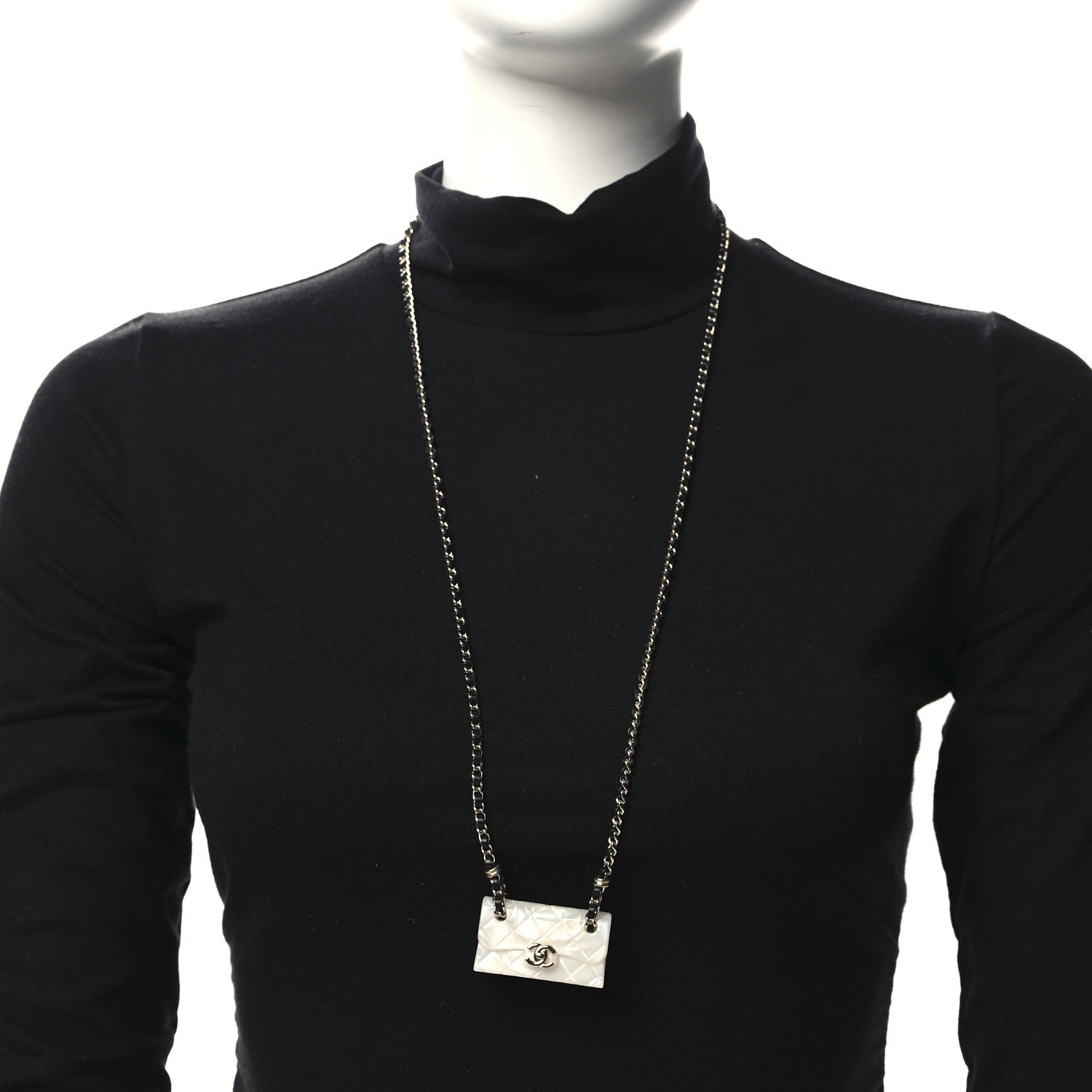 Chanel Lambskin Metal Resin Quilted Flap Bag Necklace Gold Black Pearly White 2 of 5