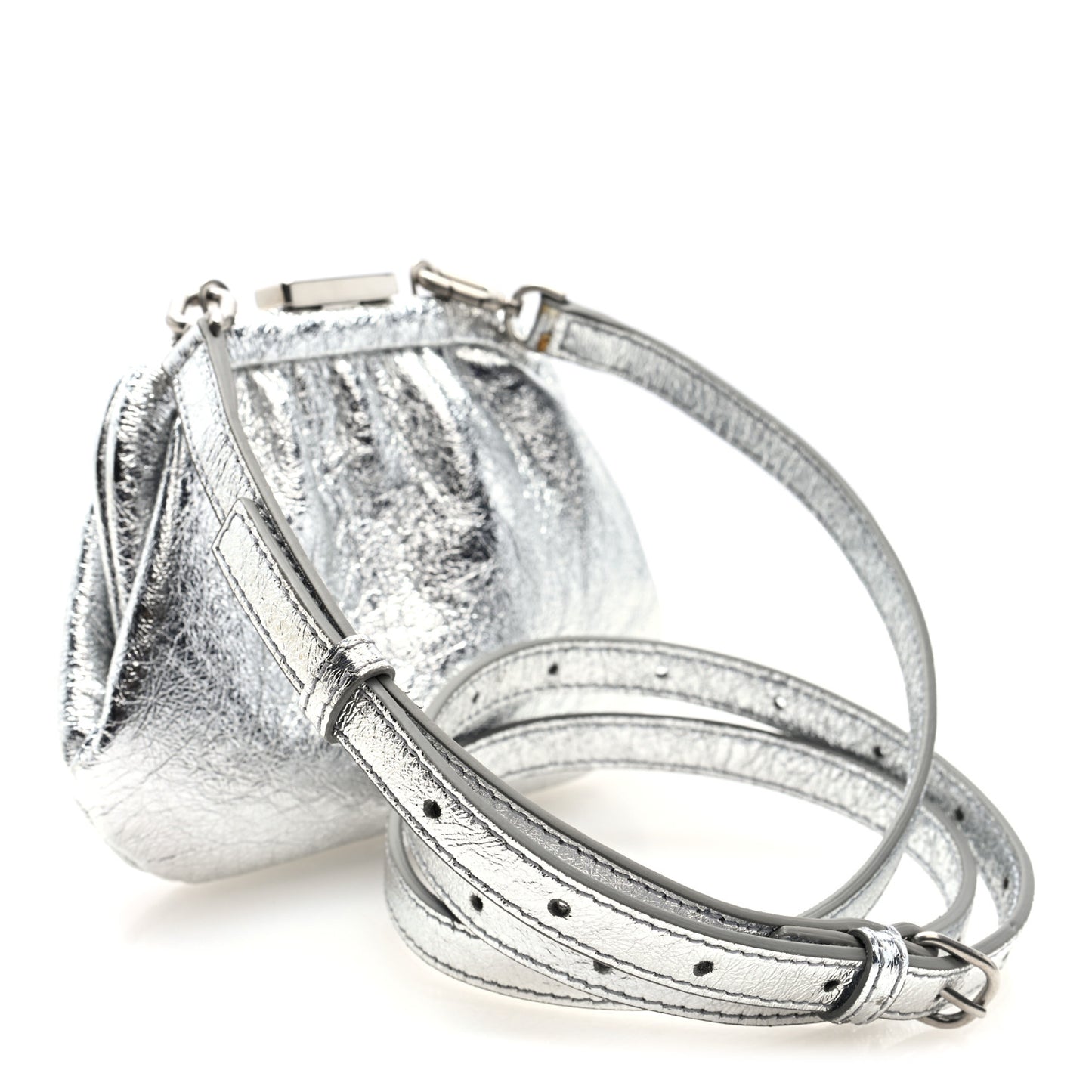 Metallic Textured Calfskin Logo Cloud Coin Purse With Strap Silver