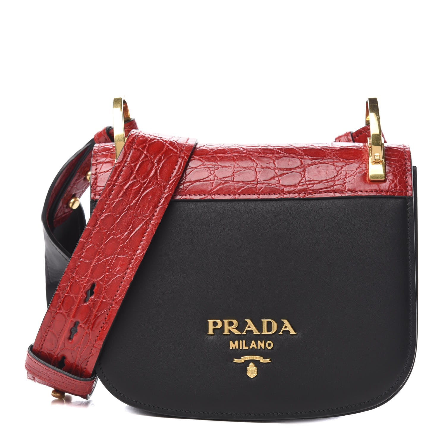 Prada City Calfskin Crocodile Calfskin Embossed Pionniere Saddle Bag Fuoco Black 1 of 9
