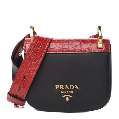 Prada City Calfskin Crocodile Calfskin Embossed Pionniere Saddle Bag Fuoco Black 1 of 9