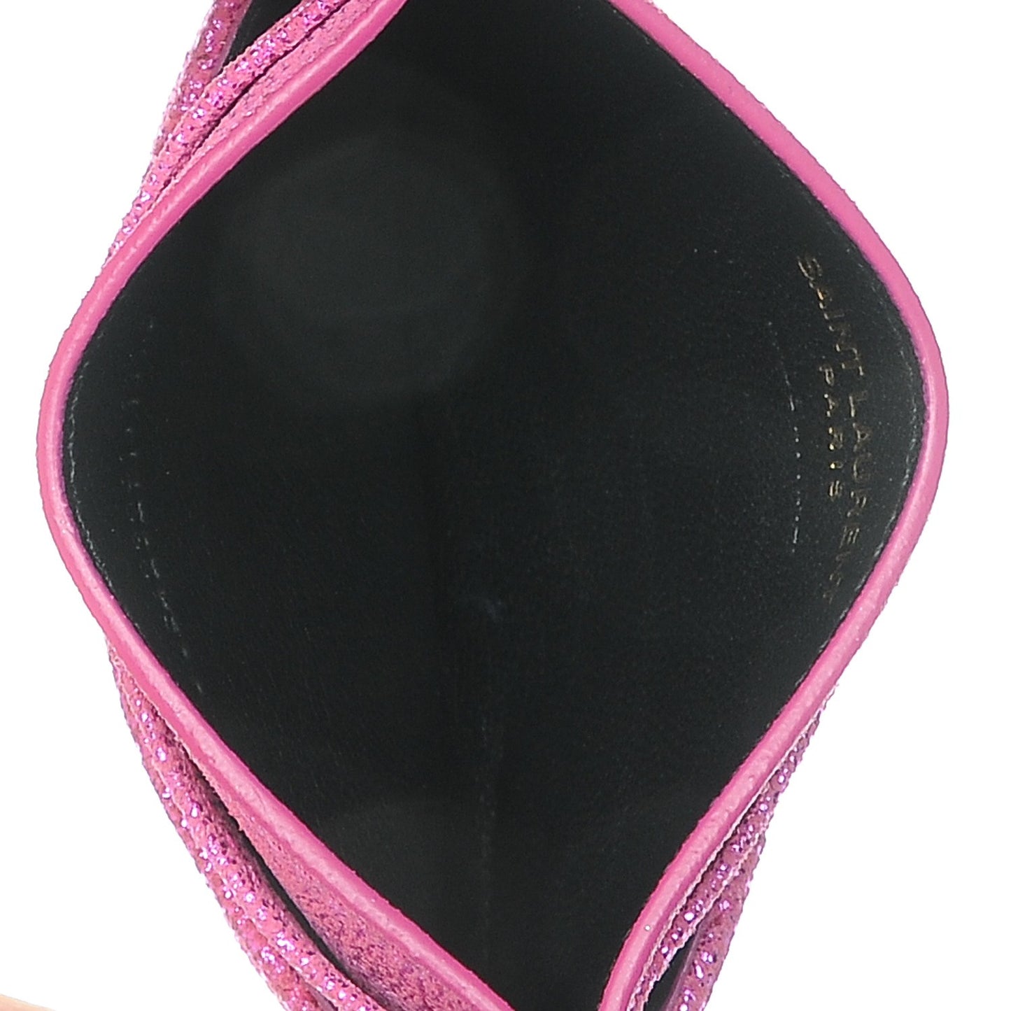 Metallic Crackled Calfskin Matelasse Chevron Monogram Credit Card Case Fuchsia