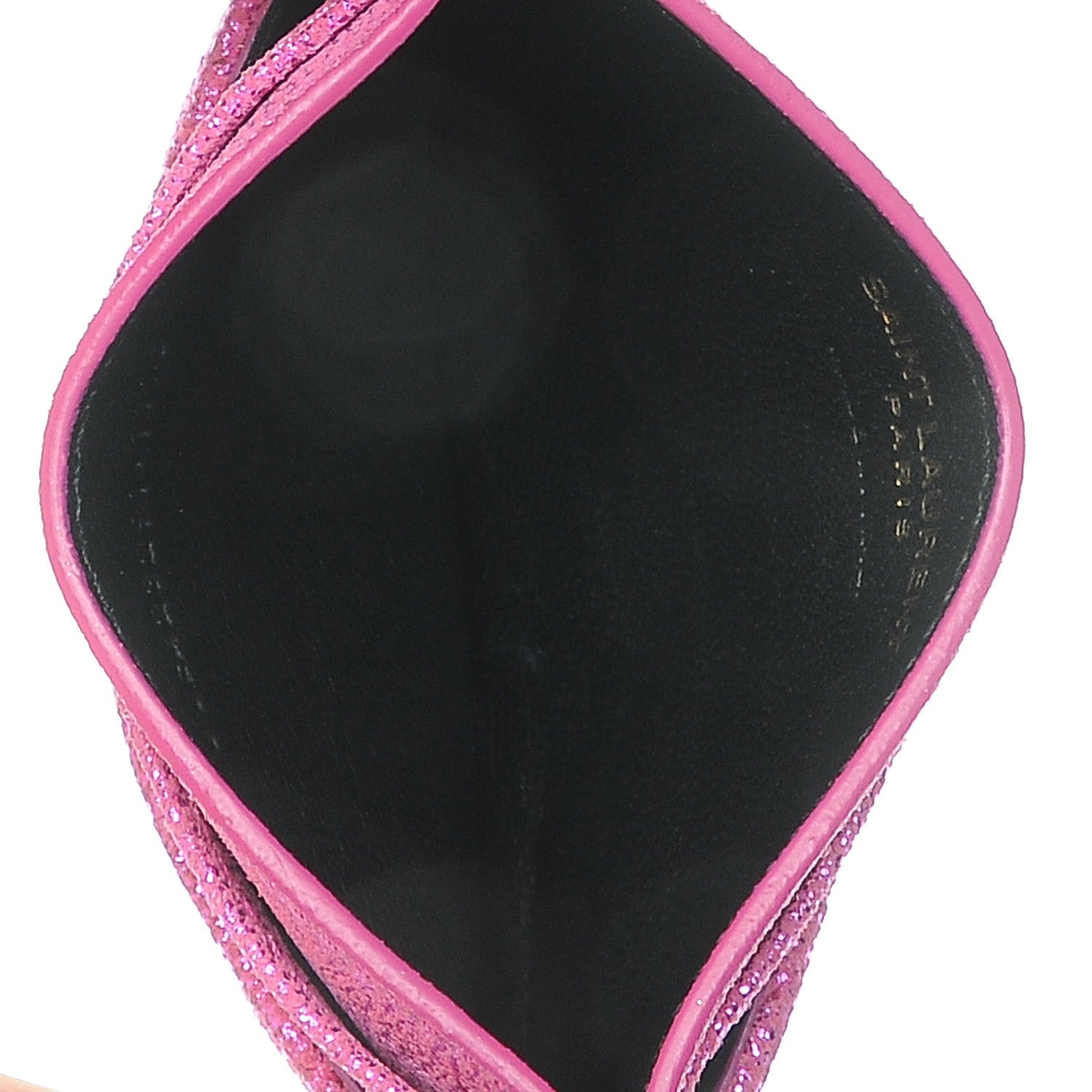 Saint Laurent Metallic Crackled Calfskin Matelasse Chevron Monogram Credit Card Case Fuchsia 5 of 8
