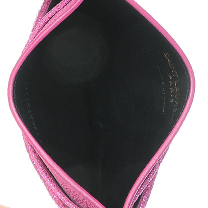 Saint Laurent Metallic Crackled Calfskin Matelasse Chevron Monogram Credit Card Case Fuchsia 5 of 8