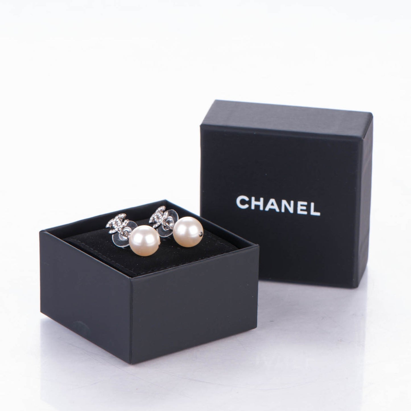 Crystal Pearl CC Drop Earrings Silver
