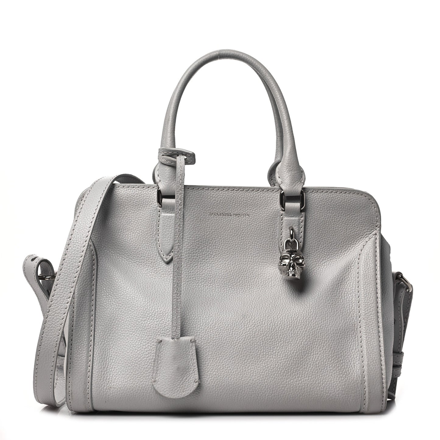 Pebbled Calfskin Small Skull Padlock Zip Around Tote Light Grey