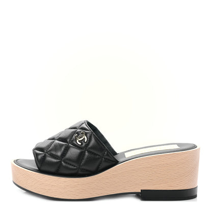 Chanel Lambskin Quilted CC Slip On Platform Sandals 39 Black 1 of 8