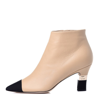 Chanel Lambskin Grosgrain Cap Toe Short Ankle Boots 36 Beige Black 1 of 12