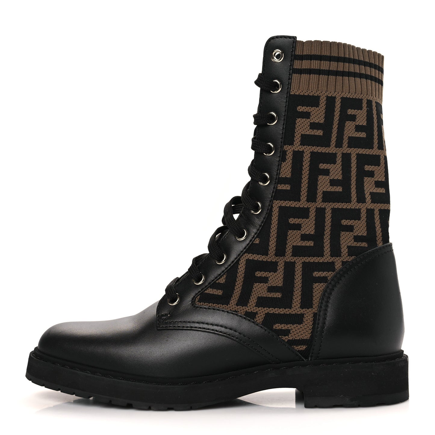 Calfskin Stretch Fabric FF Rockoko Biker Boots 38.5 Black Tobacco