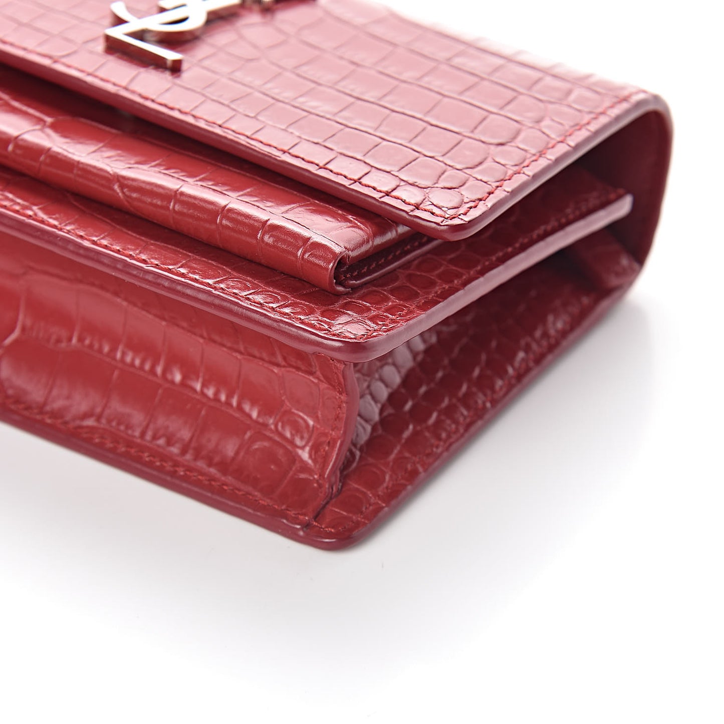 Calfskin Crocodile Embossed Monogram Sunset Chain Wallet New Lipstick Red