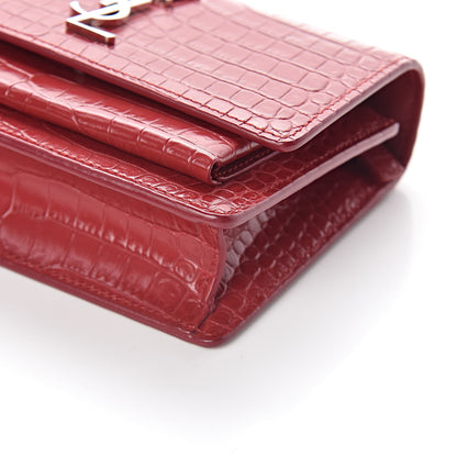 Saint Laurent Calfskin Crocodile Embossed Monogram Sunset Chain Wallet New Lipstick Red 8 of 9