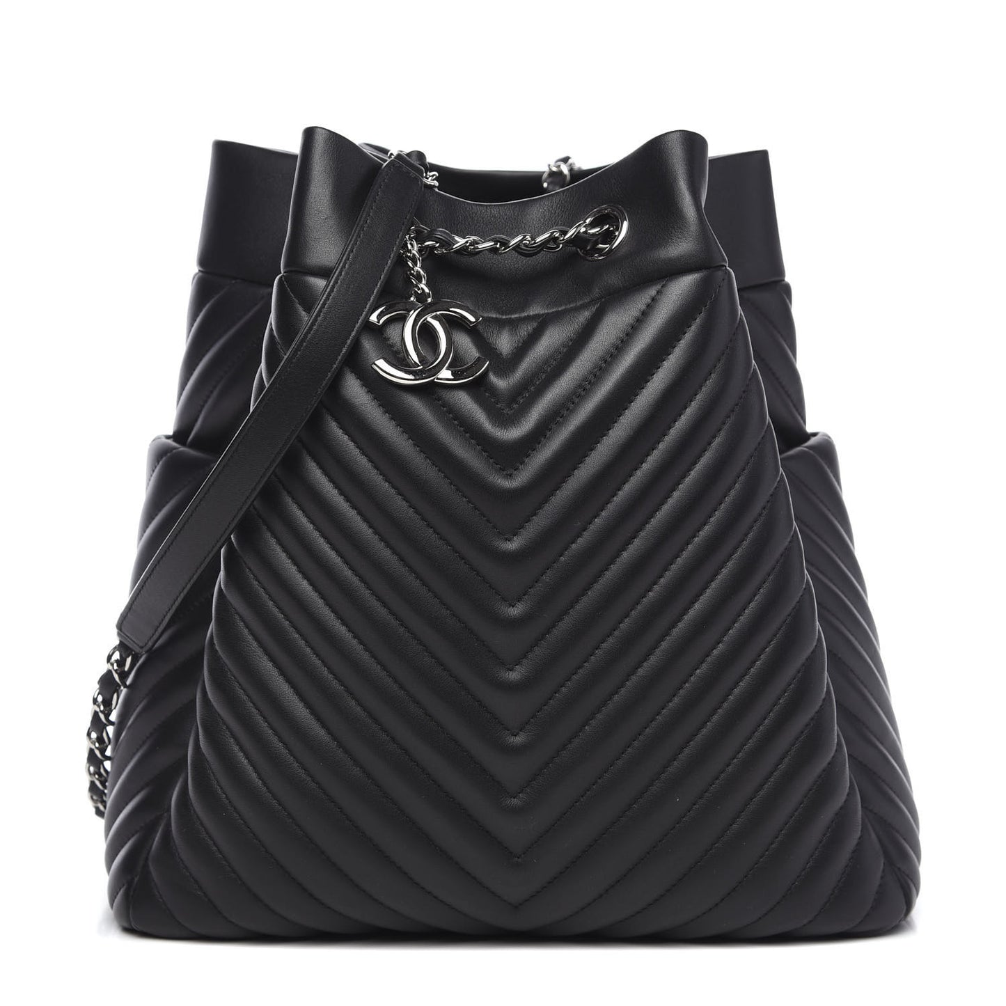 Lambskin Chevron Quilted Large Urban Spirit Drawstring Bag Black
