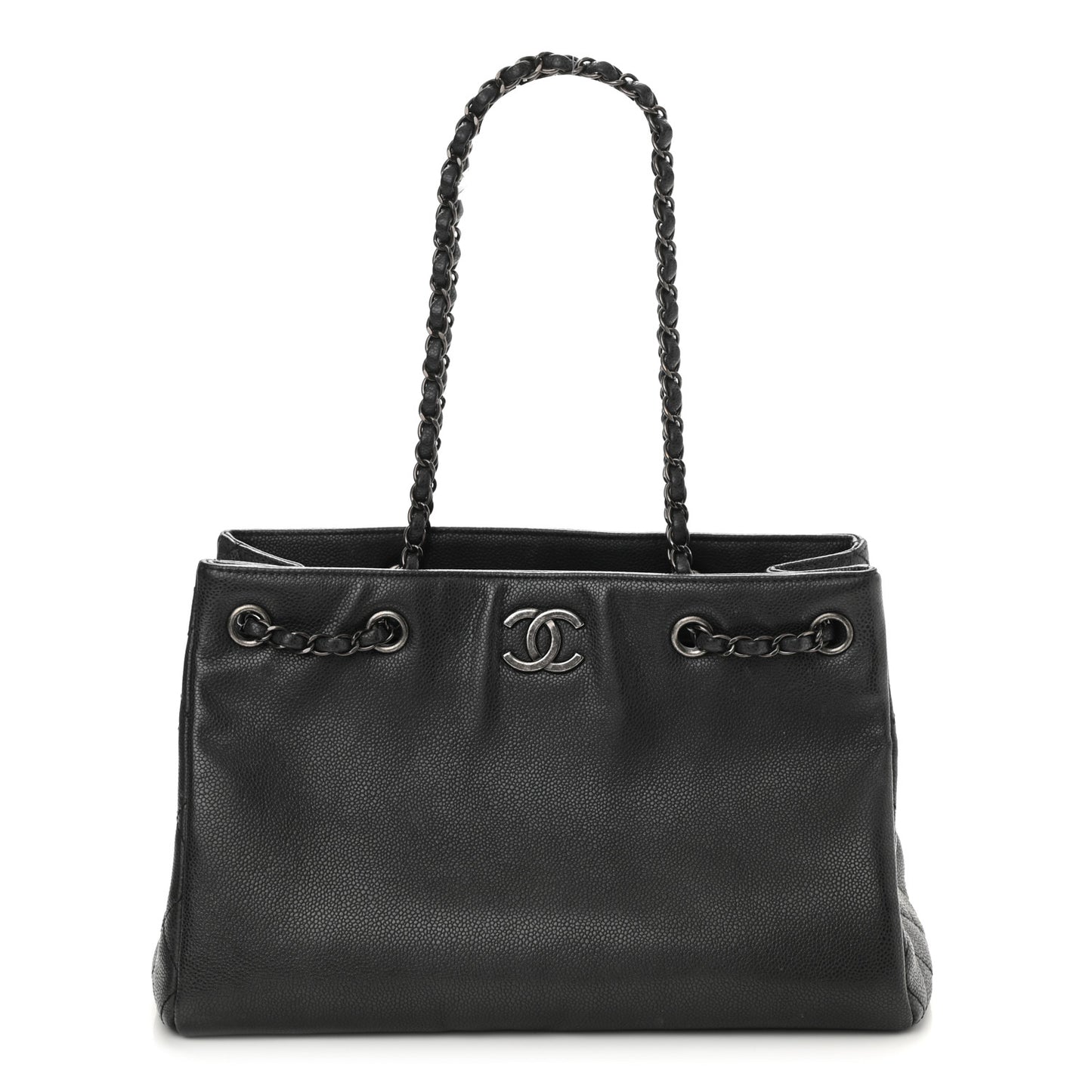 Grained Calfskin Woven Chain Medium Shopping Tote Black